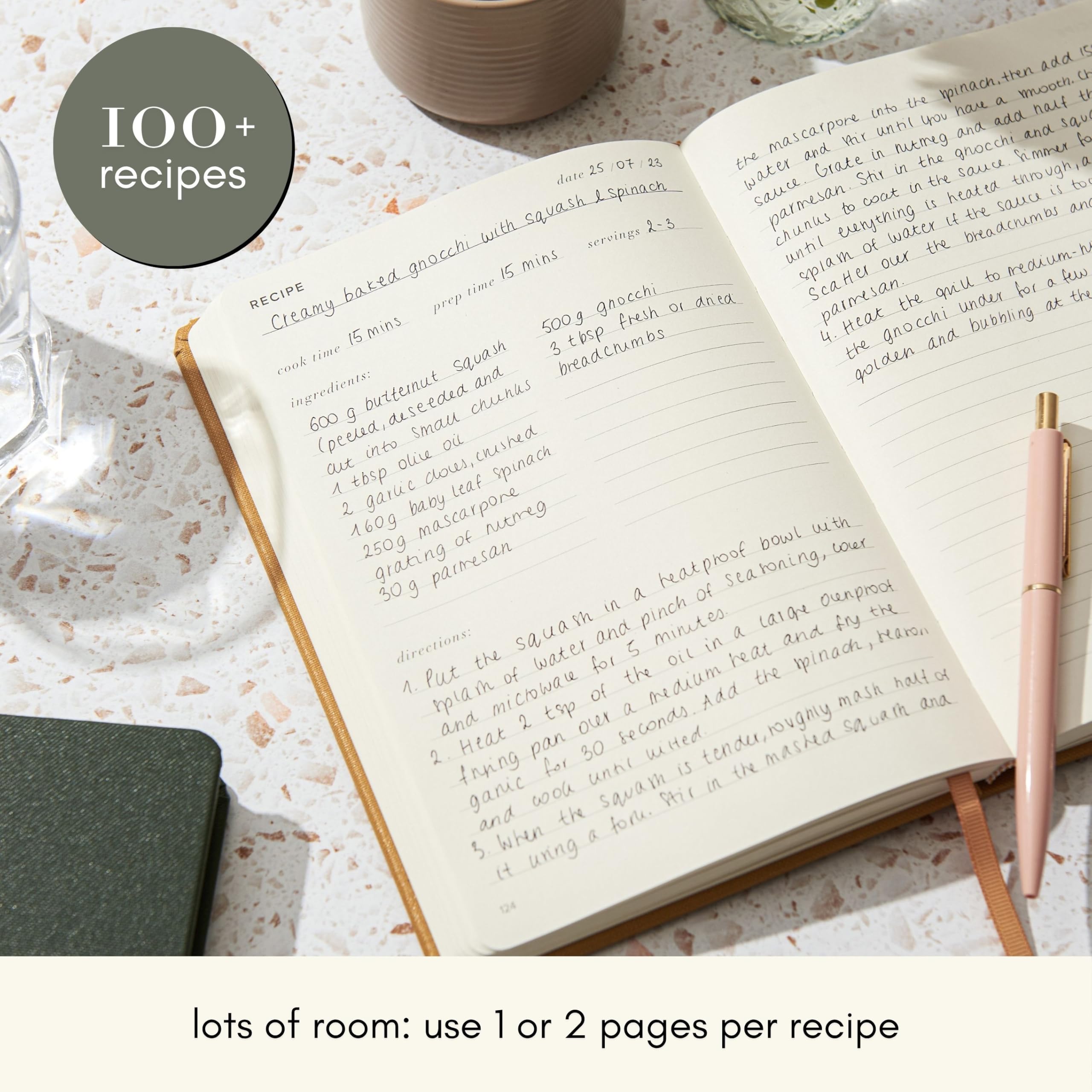 Kunitsa Co. Recipe Notebook lay-flat binding for easy hands-free writing in the kitchen.