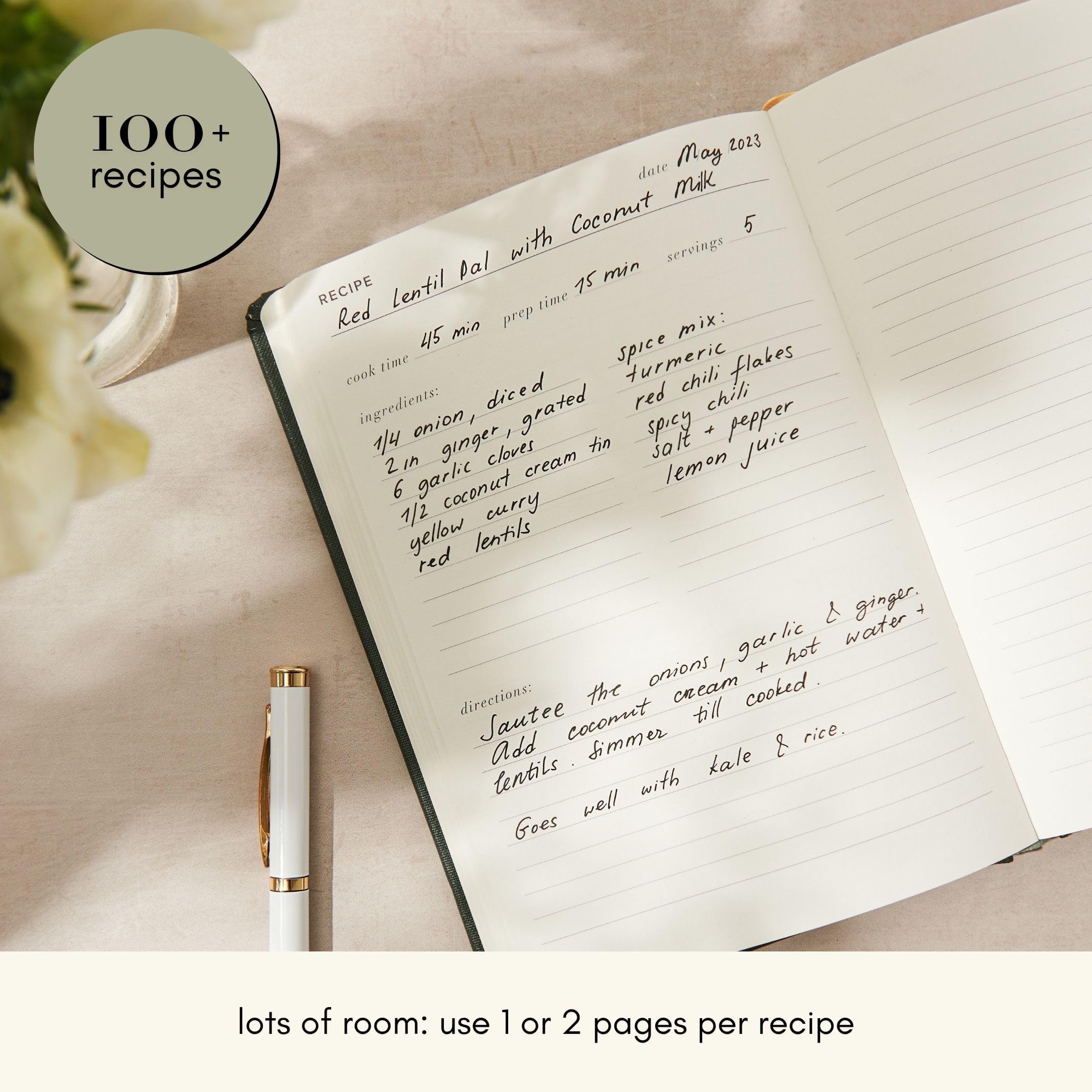 Kunitsa Co. Recipe Notebook lay-flat binding for easy kitchen writing.