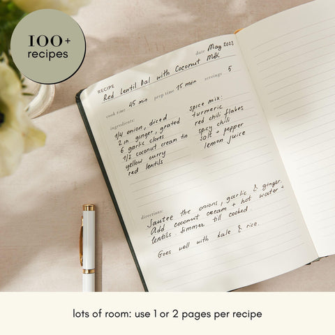 Kunitsa Co. Recipe Notebook lay-flat binding for easy kitchen writing.