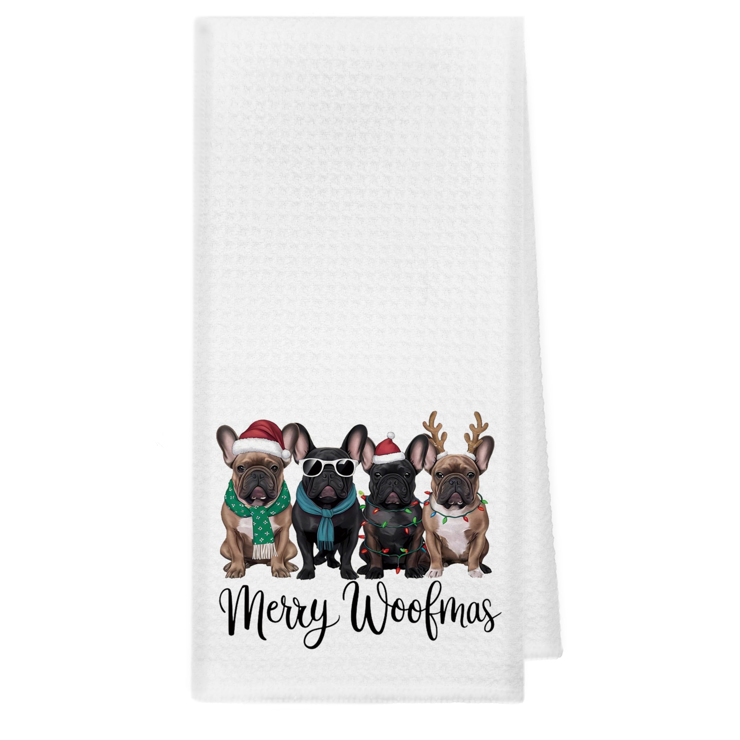 kunlisa French Bulldog Christmas kitchen towel with festive print for quick cleanups and holiday cheer.