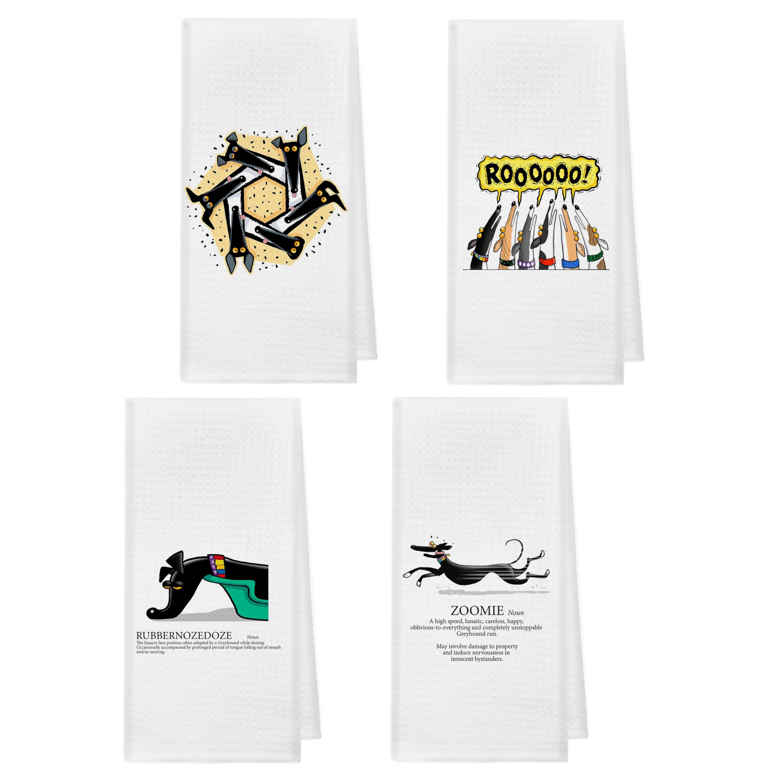 kunlisa Funny Greyhound Zoomie kitchen towel in action for quick dish drying.