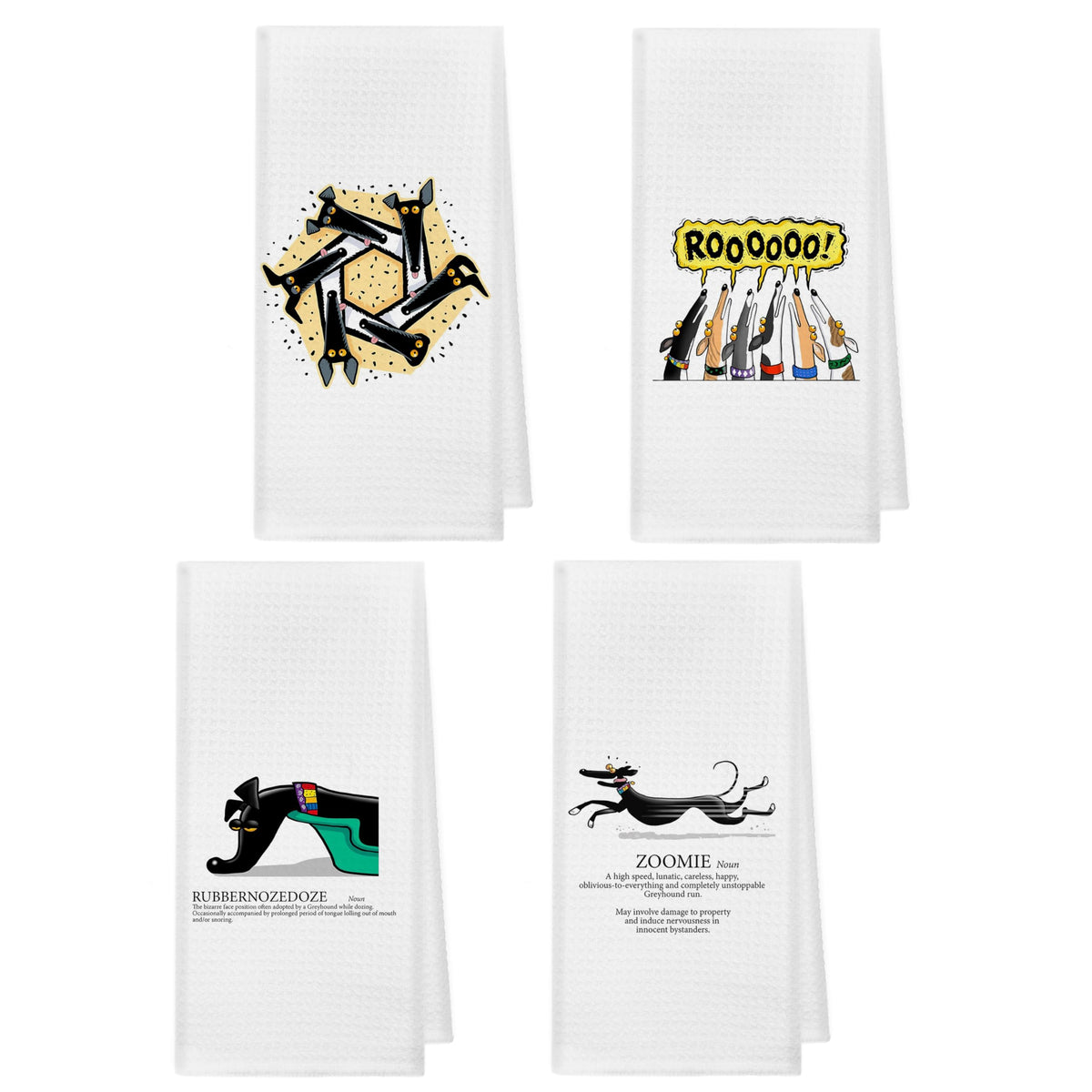 kunlisa Funny Greyhound Zoomie kitchen towel in action for quick dish drying.