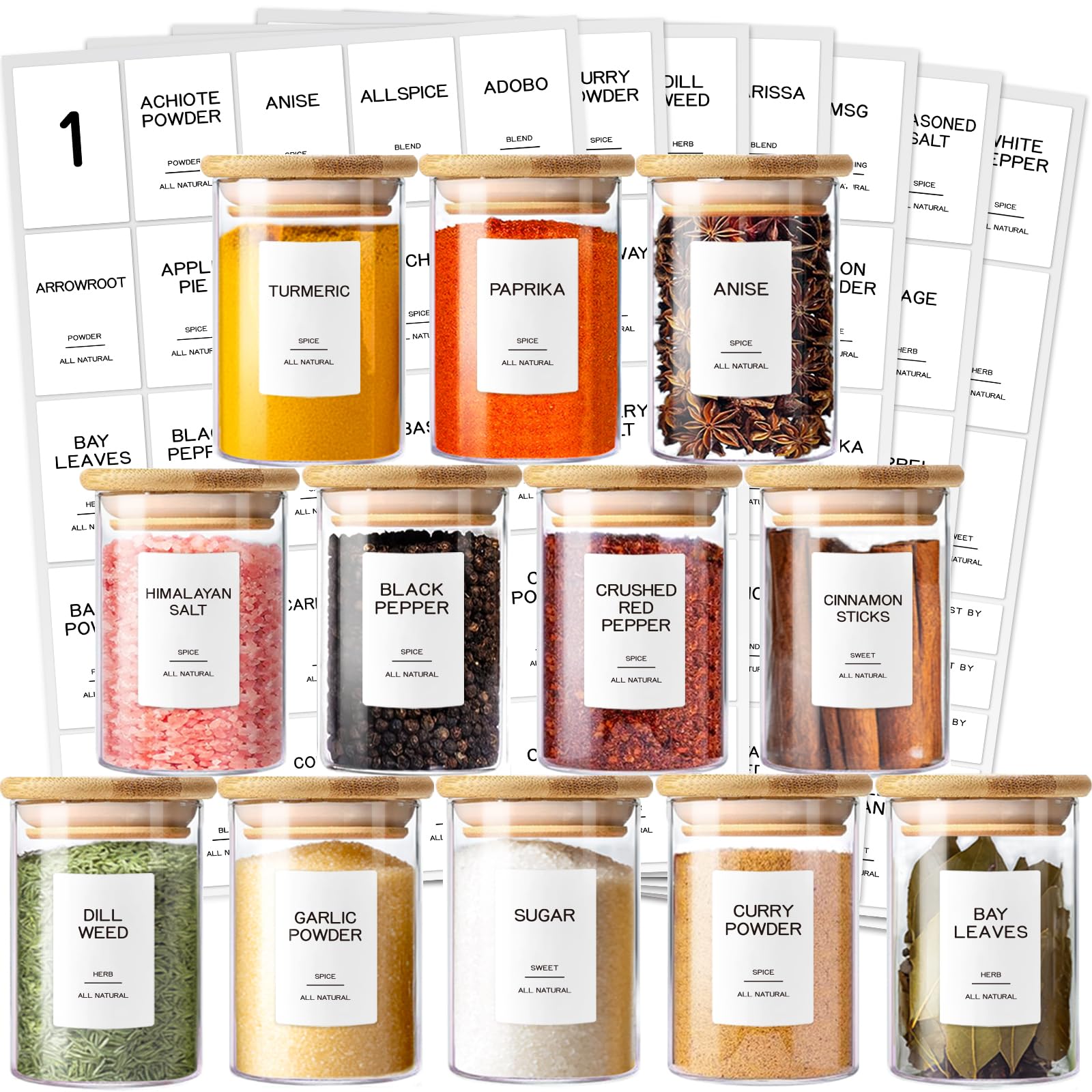 Kuocodall glass spice jars with bamboo lids for compact, organized spice storage.