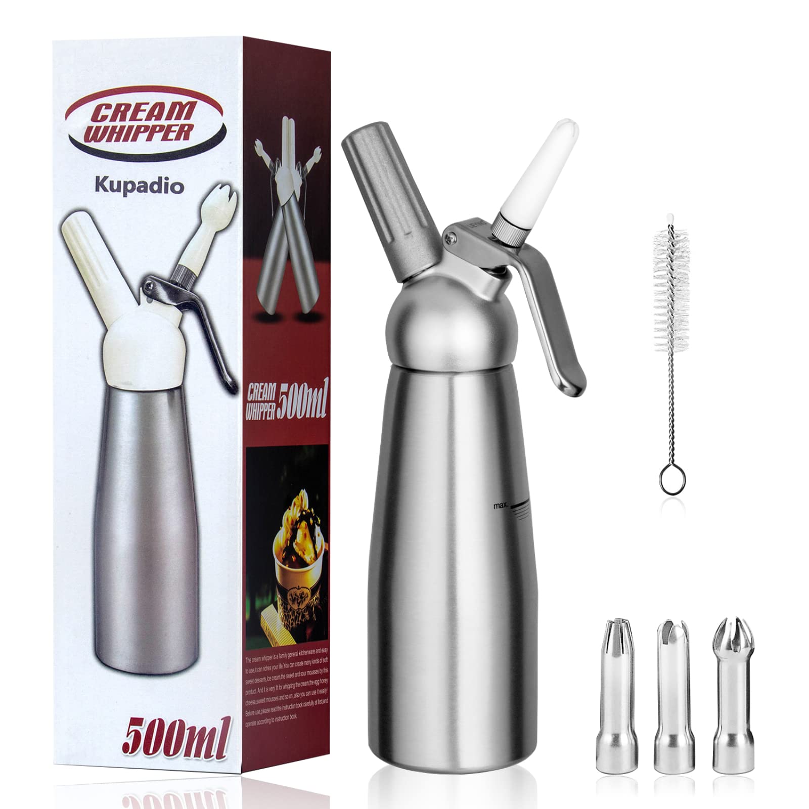 Kupadio 500mL aluminum cream dispenser body shows durable design for long-lasting kitchen use.