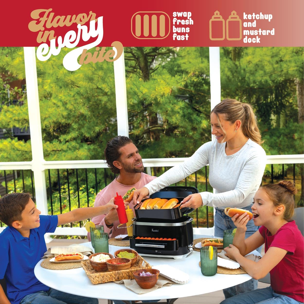 Kusini hot dog steamer condiment holders for organized toppings.