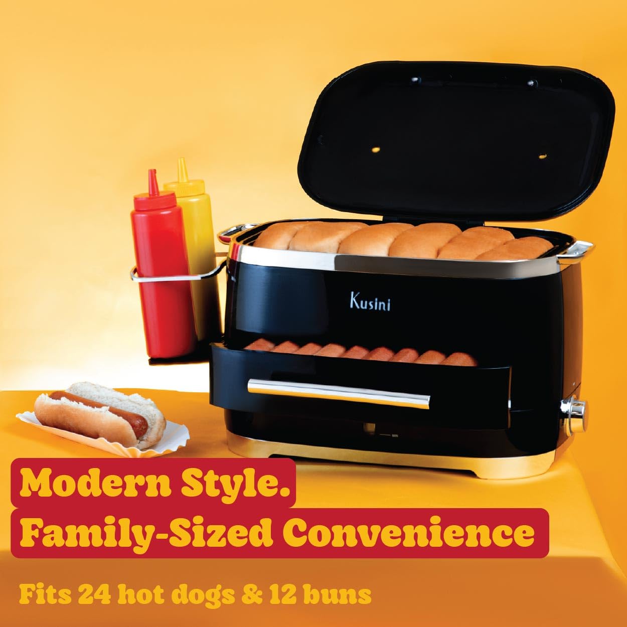 Kusini hot dog steamer three-position dial for easy control.