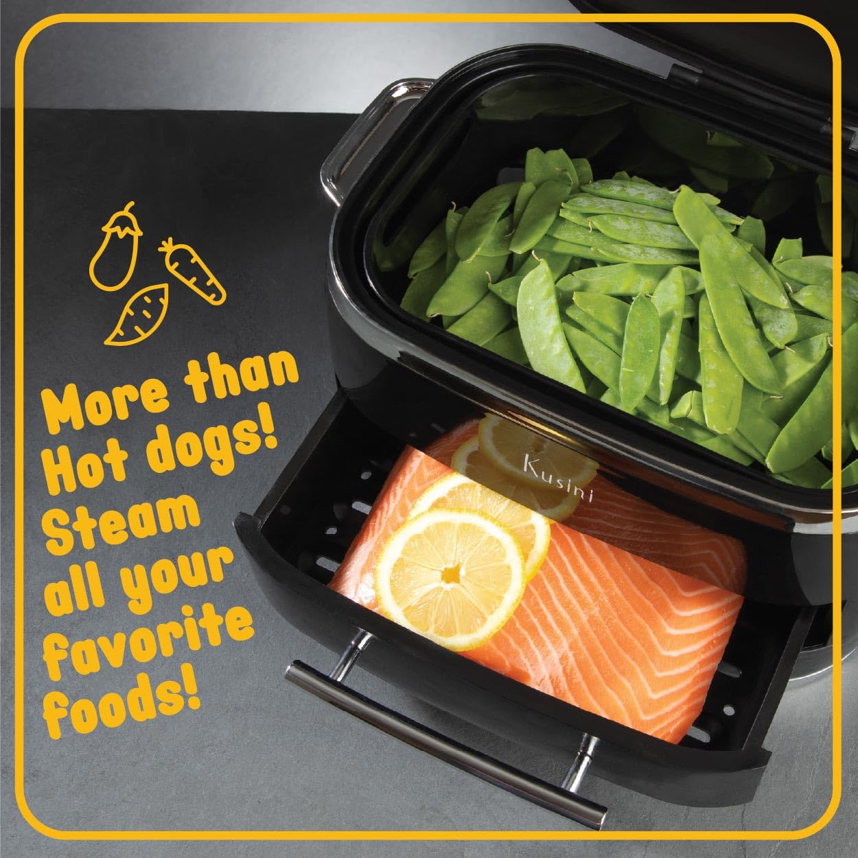 Kusini hot dog steamer on a counter during game night.