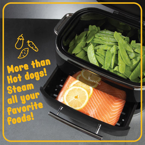Kusini hot dog steamer on a counter during game night.