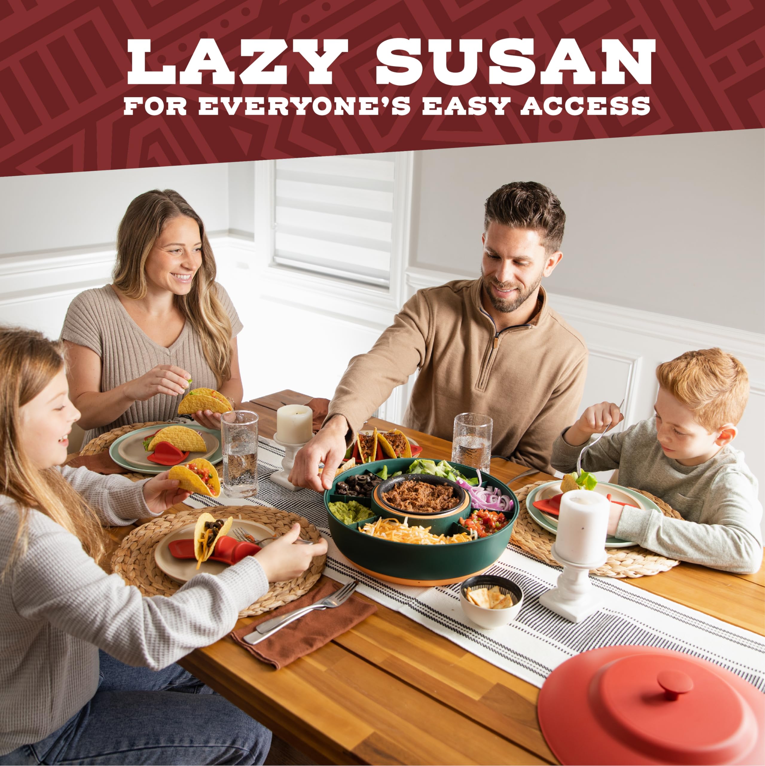 Kusini six topping compartments keep toppings organized during fiesta.