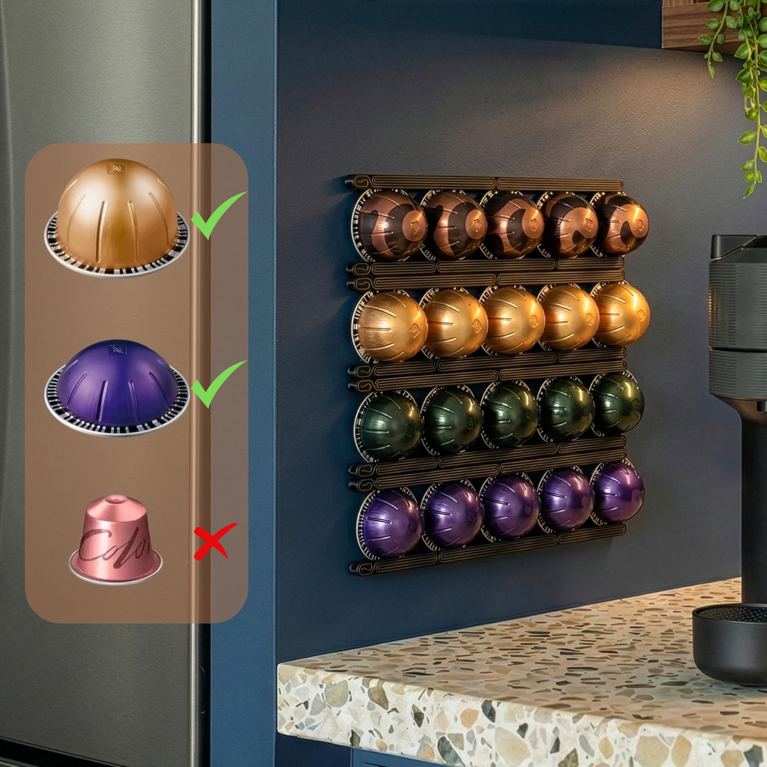 KUSOVILI wall-mounted pod rack holding Vertuo capsules for quick access.