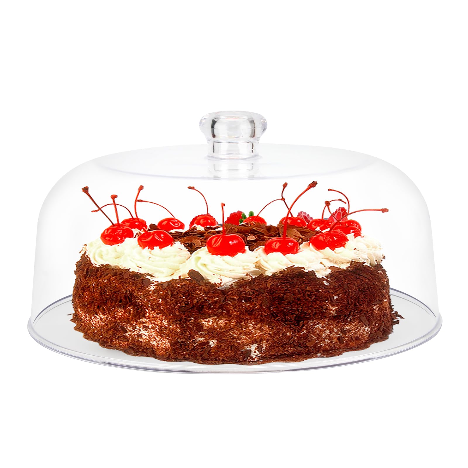 KVMORZE 11-inch clear cake dome cover over a cake, keeping dessert dust-free while displayed.