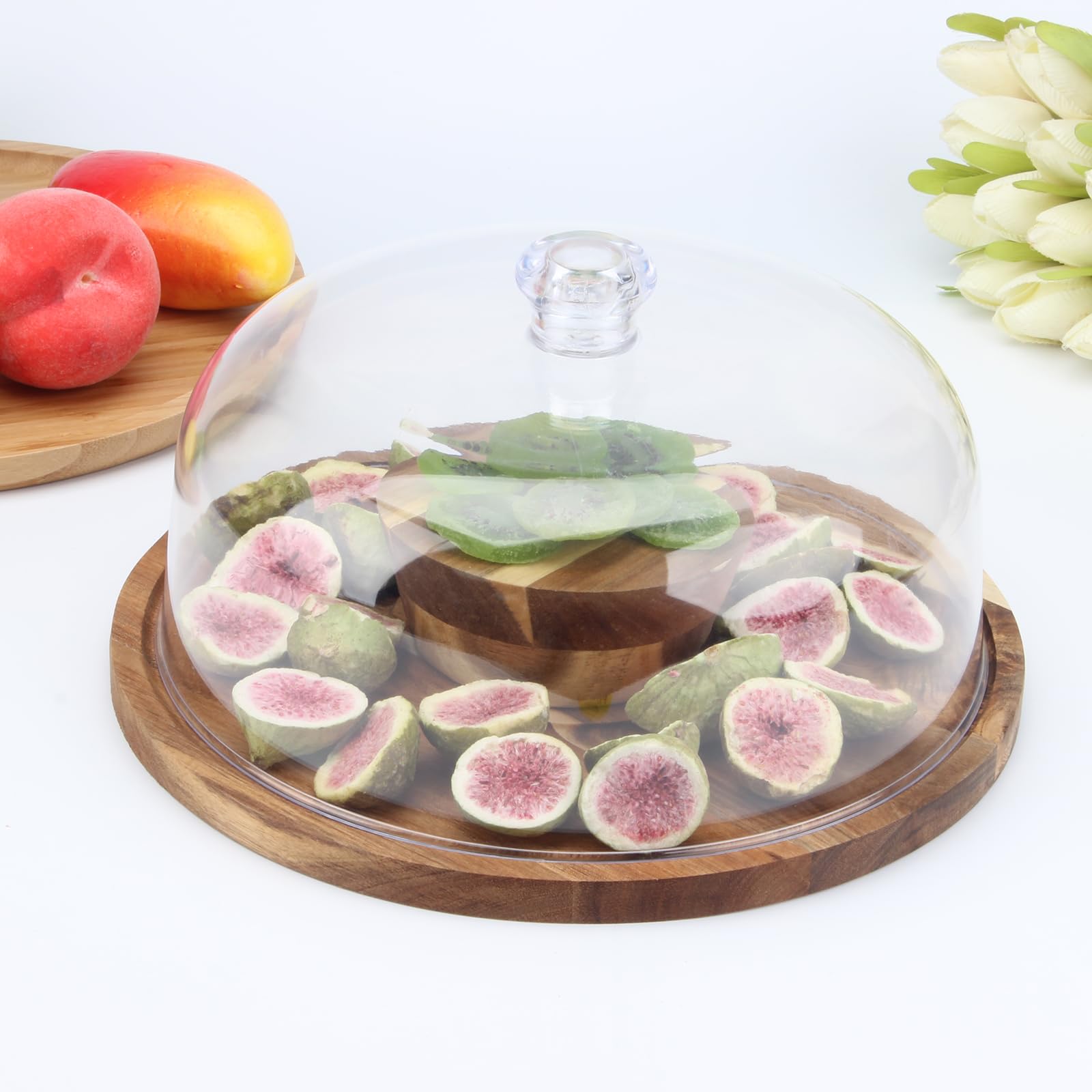 KVMORZE acrylic round cake stand dome enhances tray presentation for special occasions.