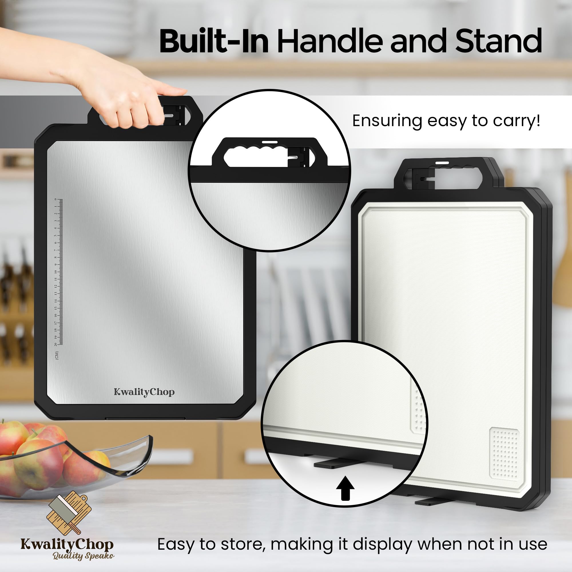 KwalityChop cutting board with built-in stand and easy-grip handle for portable use.