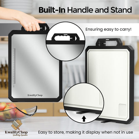 KwalityChop cutting board with built-in stand and easy-grip handle for portable use.