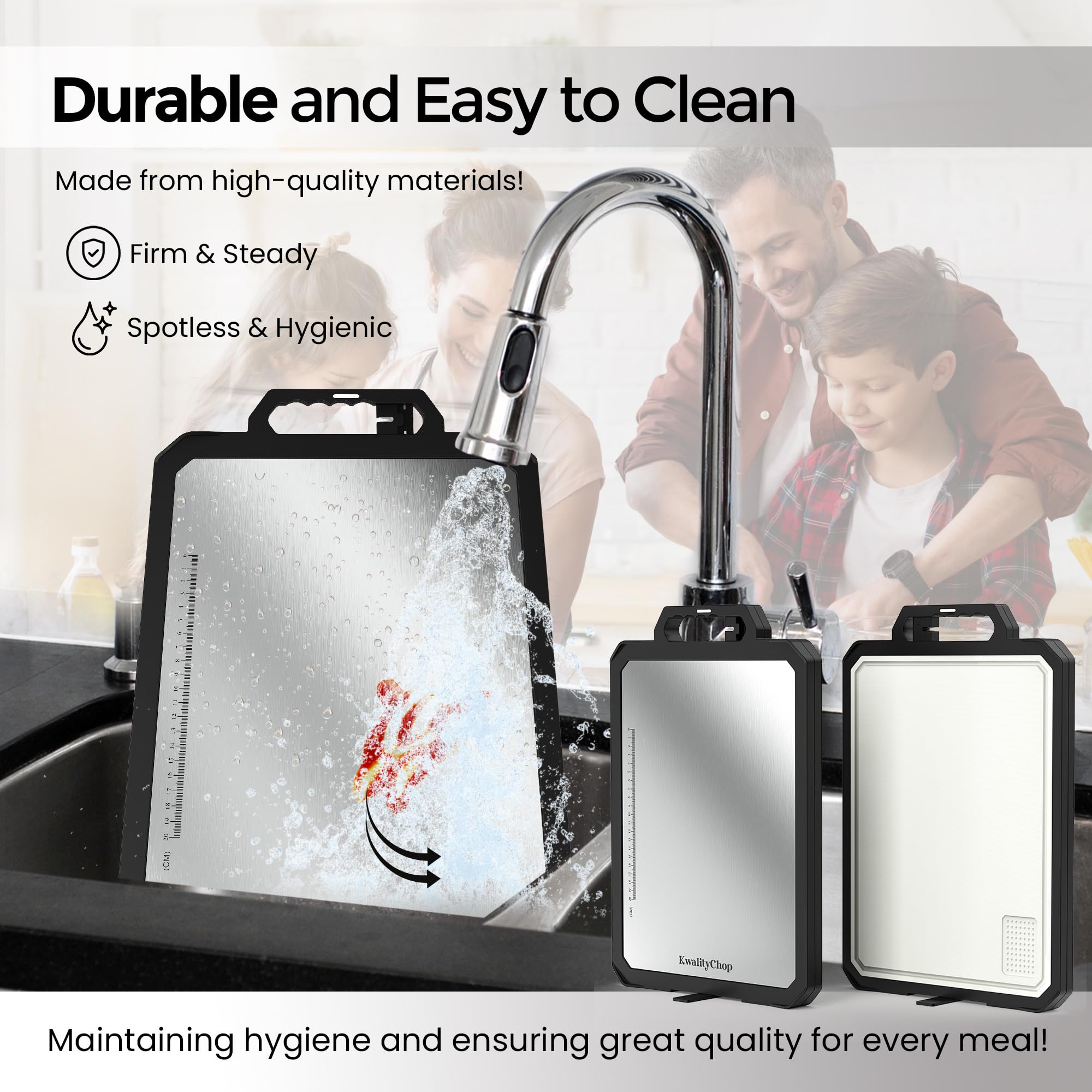 KwalityChop dishwasher-safe cutting board for simple post-meal cleaning.