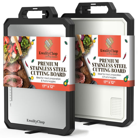 KwalityChop double-sided steel cutting board for versatile meat and produce prep.