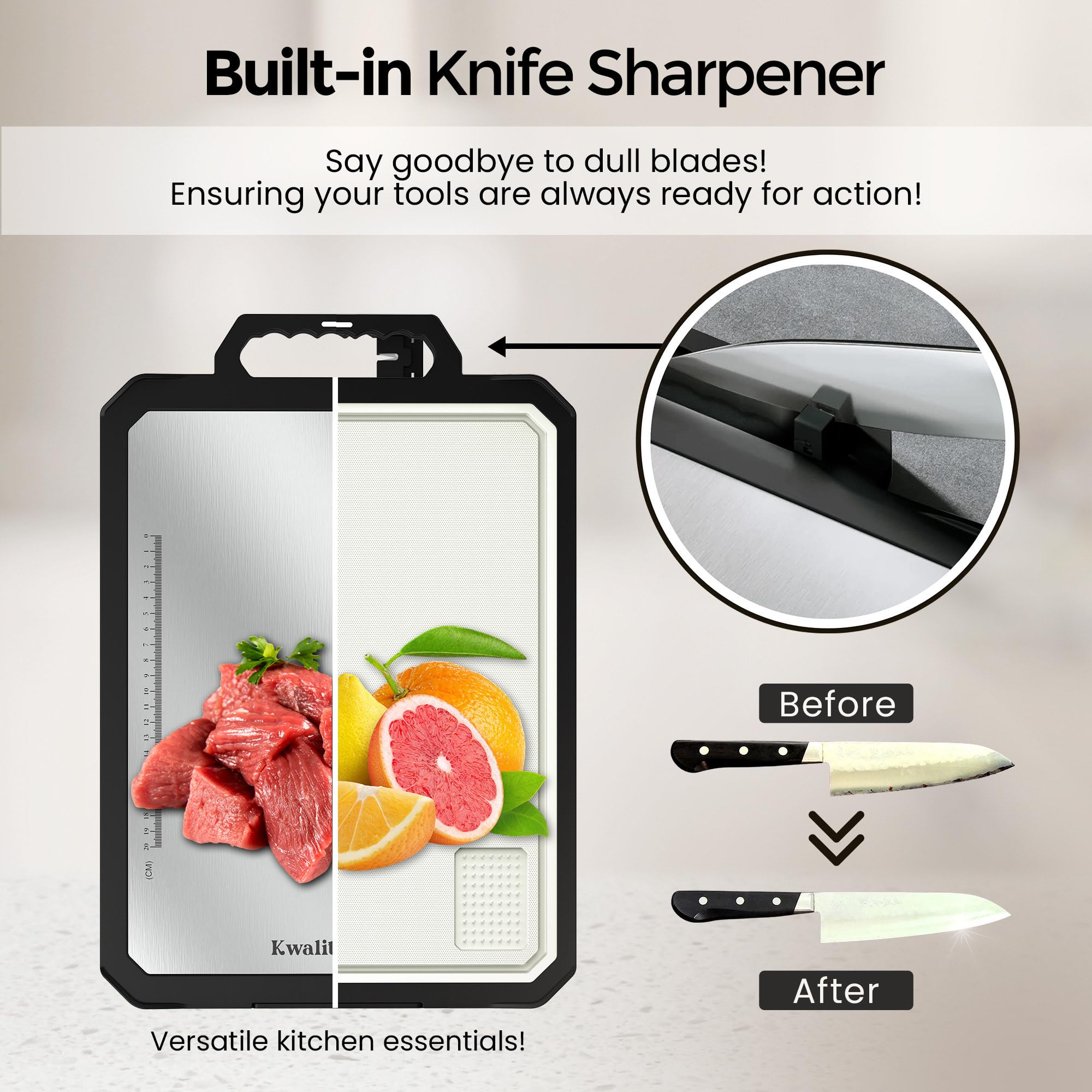 KwalityChop knife sharpener integrated for quick blade maintenance during prep.