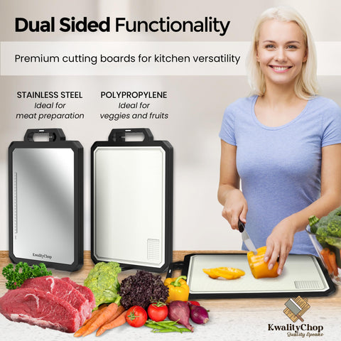 KwalityChop measurement scale on the steel side aids precise recipe timing.