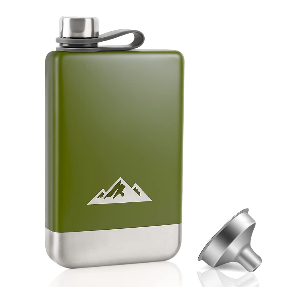 KWANITHINK 8oz green flask body showcases durable stainless steel for outdoor use.