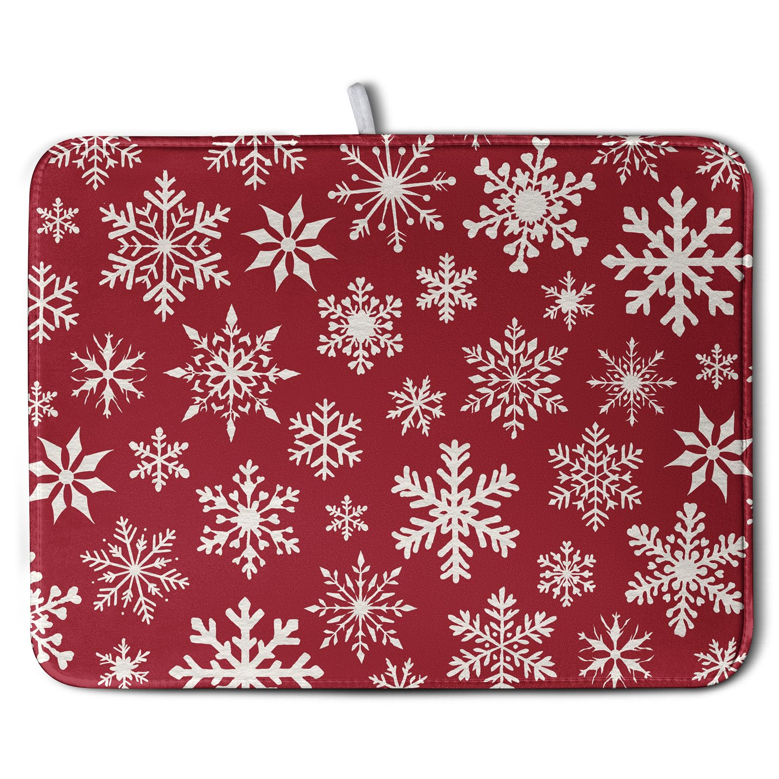 Kwlegh Christmas snowflakes dish drying mat in red-white pattern, absorbs water fast for a dry counter.