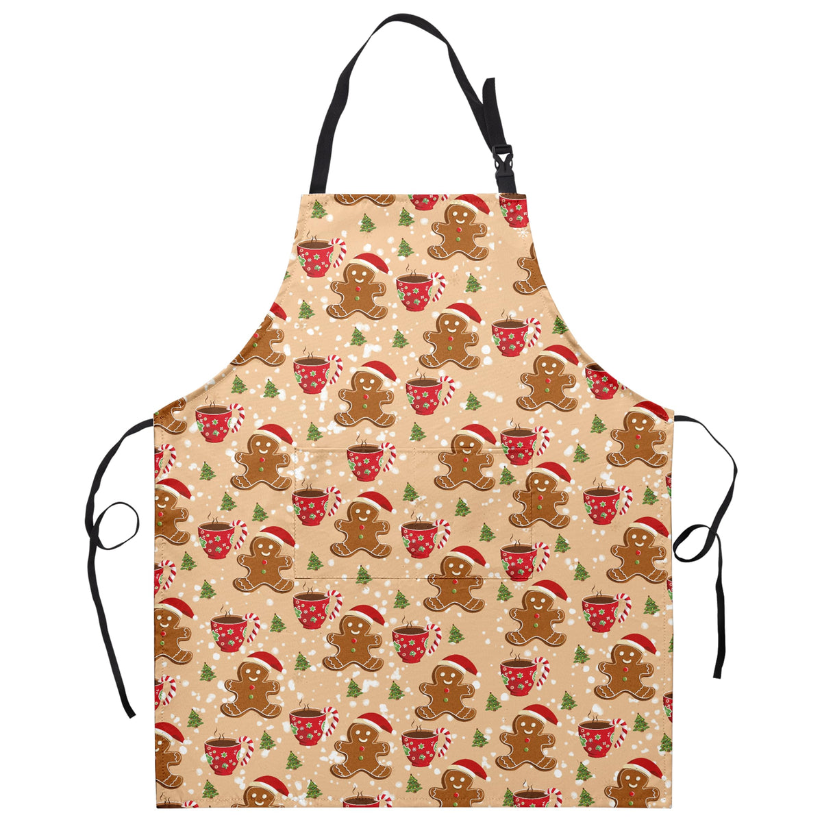 Kwlegh cute gingerbread apron front view showing adjustable fit and two pockets for cooking