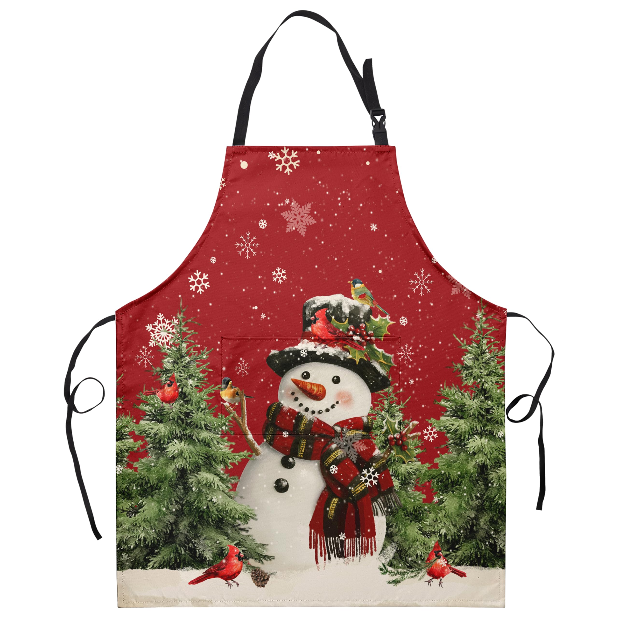 Kwlegh red snowman apron with cardinal birds, ideal for festive baking and gifting