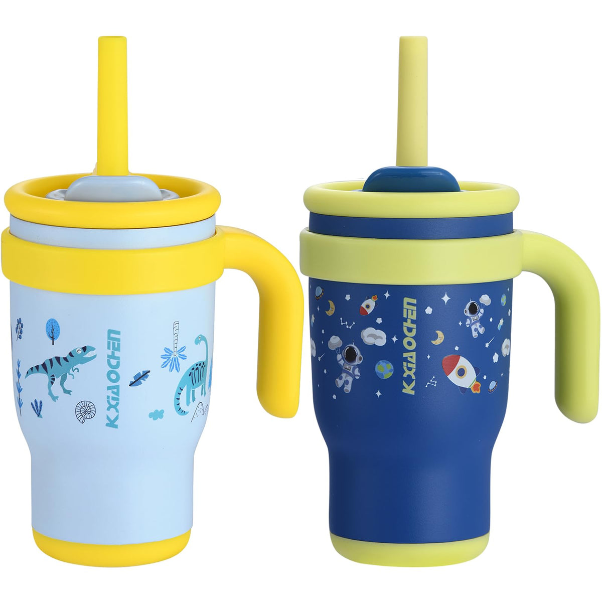 KXIAOCHEN 14 oz tumbler with dinosaur-spaceman design and easy-hold handle for on-the-go sipping.