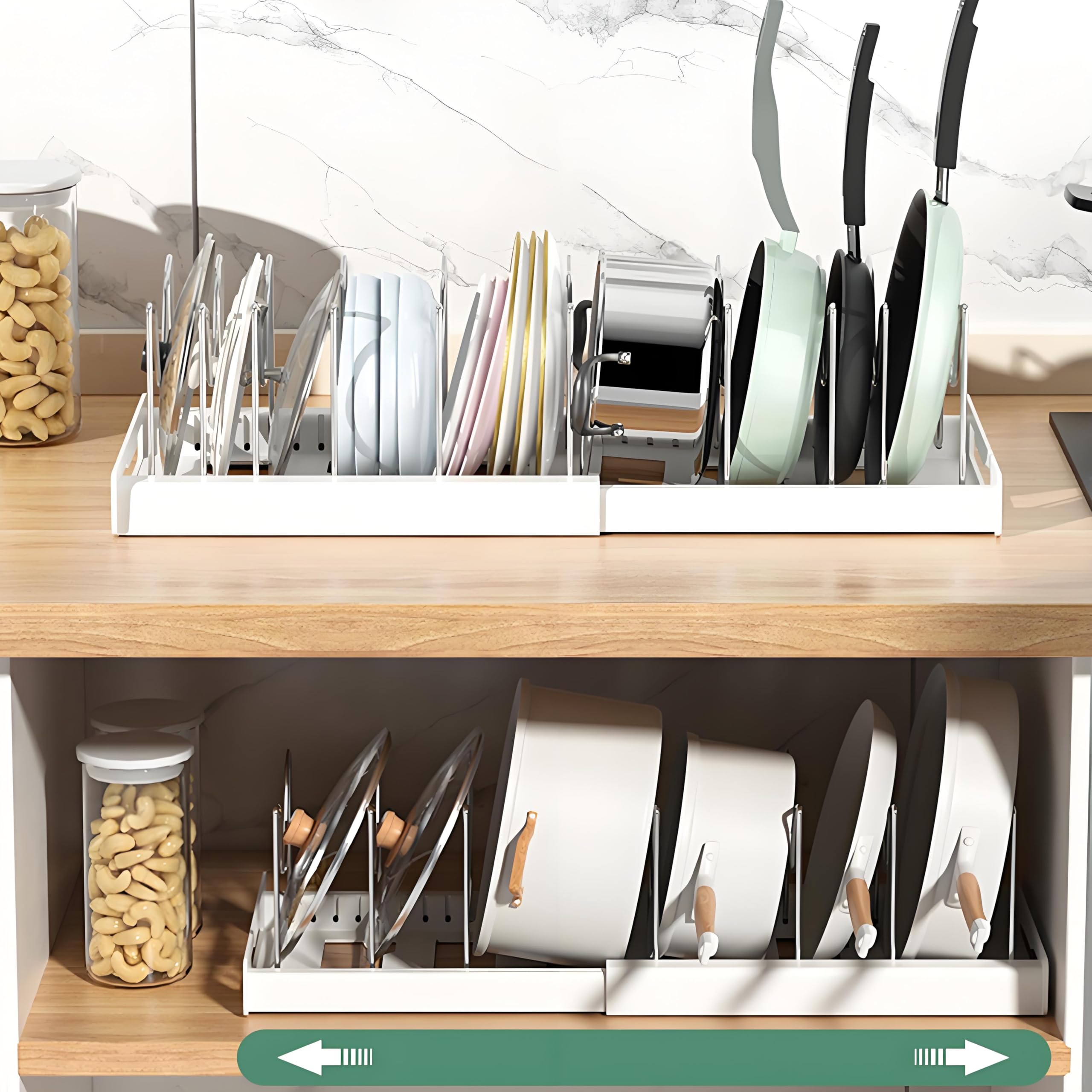 KXSGKRR expandable pot and pan organizer in a spacious cabinet for easy access.