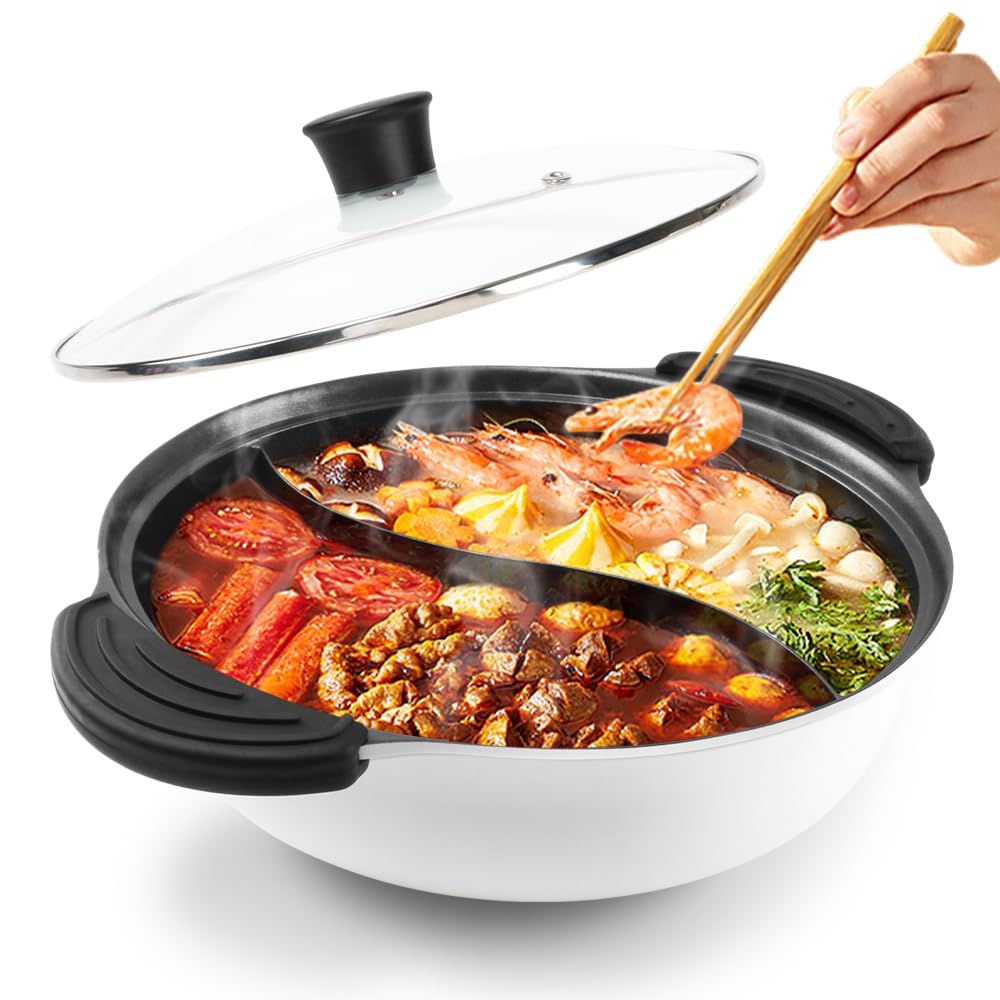 Kxuhivc hot pot divider on induction for dual-flavor cooking and easy hosting.