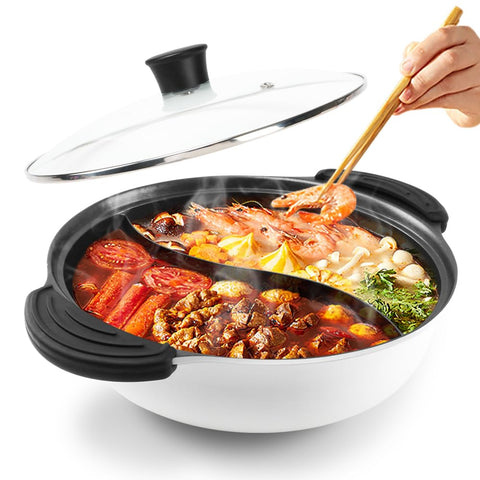 Kxuhivc hot pot divider on induction for dual-flavor cooking and easy hosting.