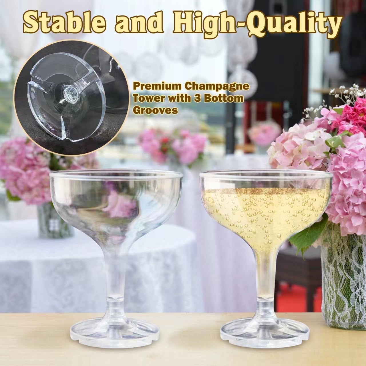 KYAPCK champagne glasses with bottom grooves for stable tower displays