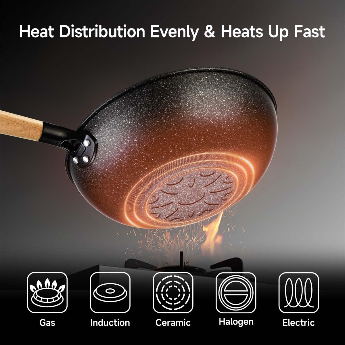 KYTD flat-bottom wok with lid enabling even heating on induction or gas.