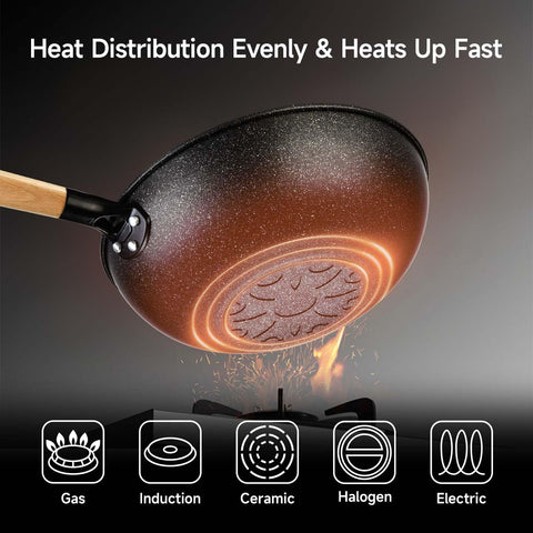 KYTD flat-bottom wok with lid enabling even heating on induction or gas.