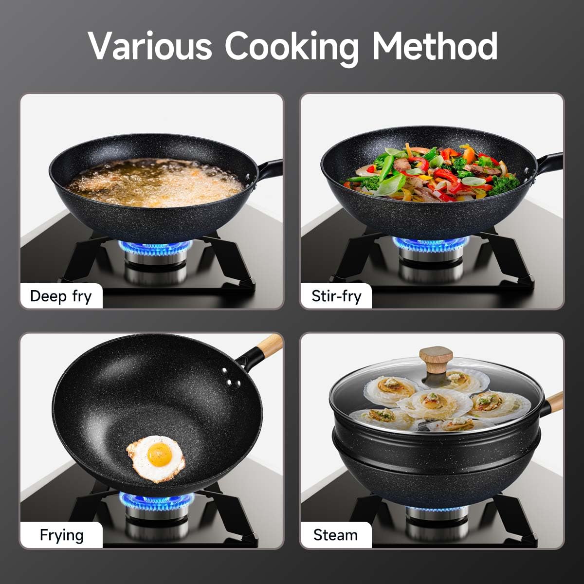 KYTD 12-inch wok with steam basket supports layered cooking and steaming.