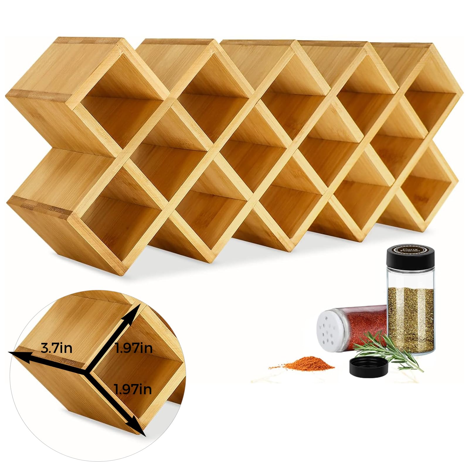 Kylinbigda bamboo criss-cross spice rack front view enhances countertop organization and quick access.