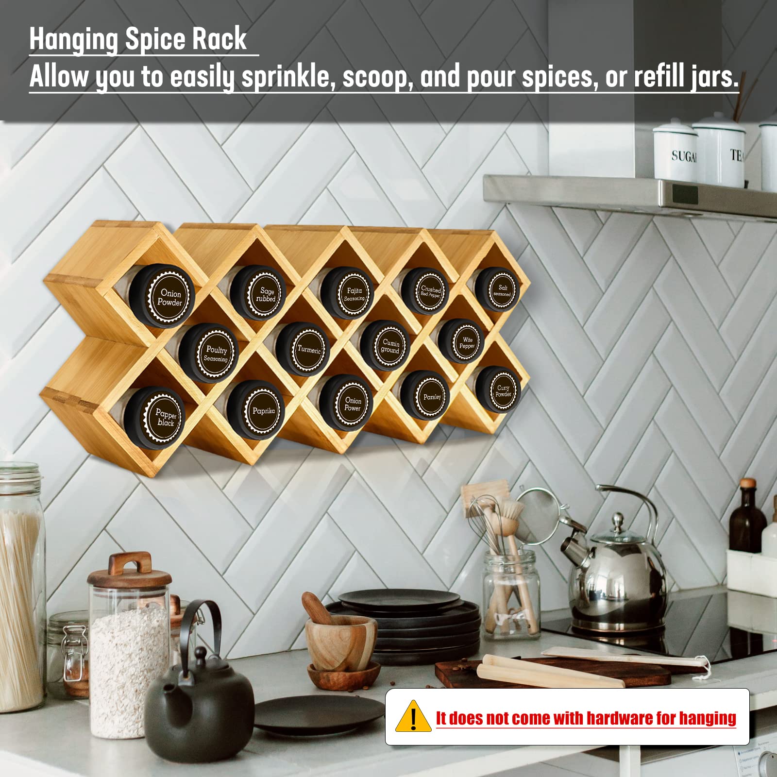 Kylinbigda bamboo criss-cross spice rack in kitchen counter demonstrates easy freestanding organization.