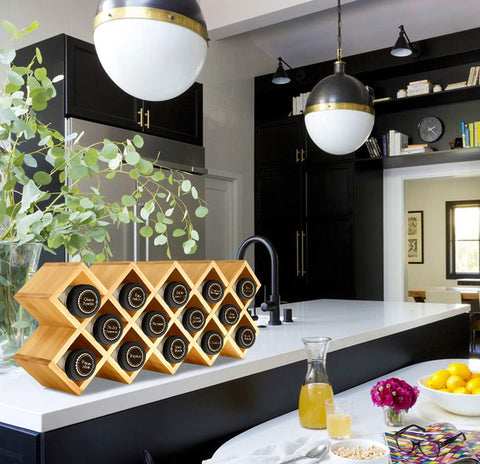 Kylinbigda bamboo criss-cross spice rack side profile shows sturdy, compact design for pantry shelves.