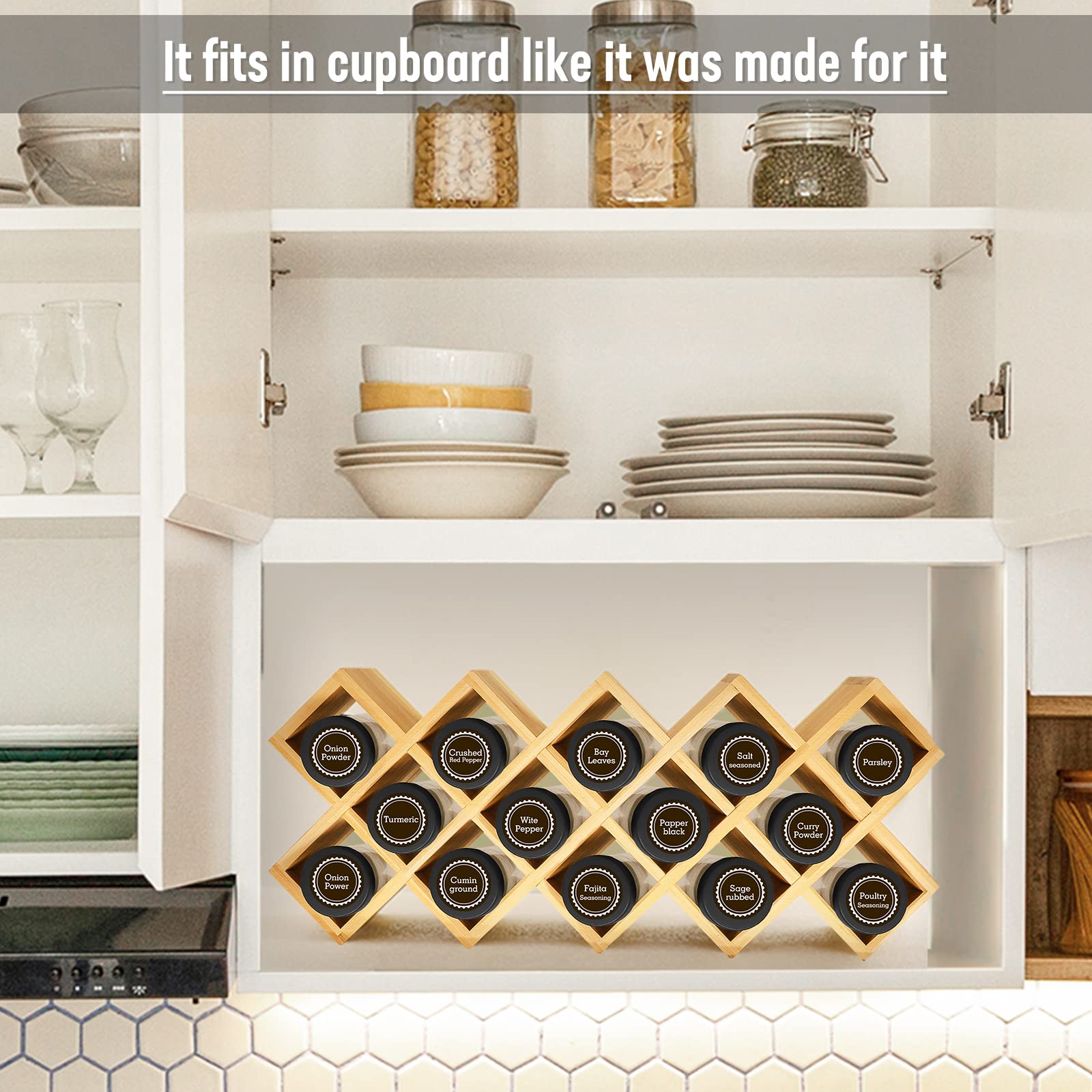 Kylinbigda bamboo spice rack on drawer display helps save counter space.