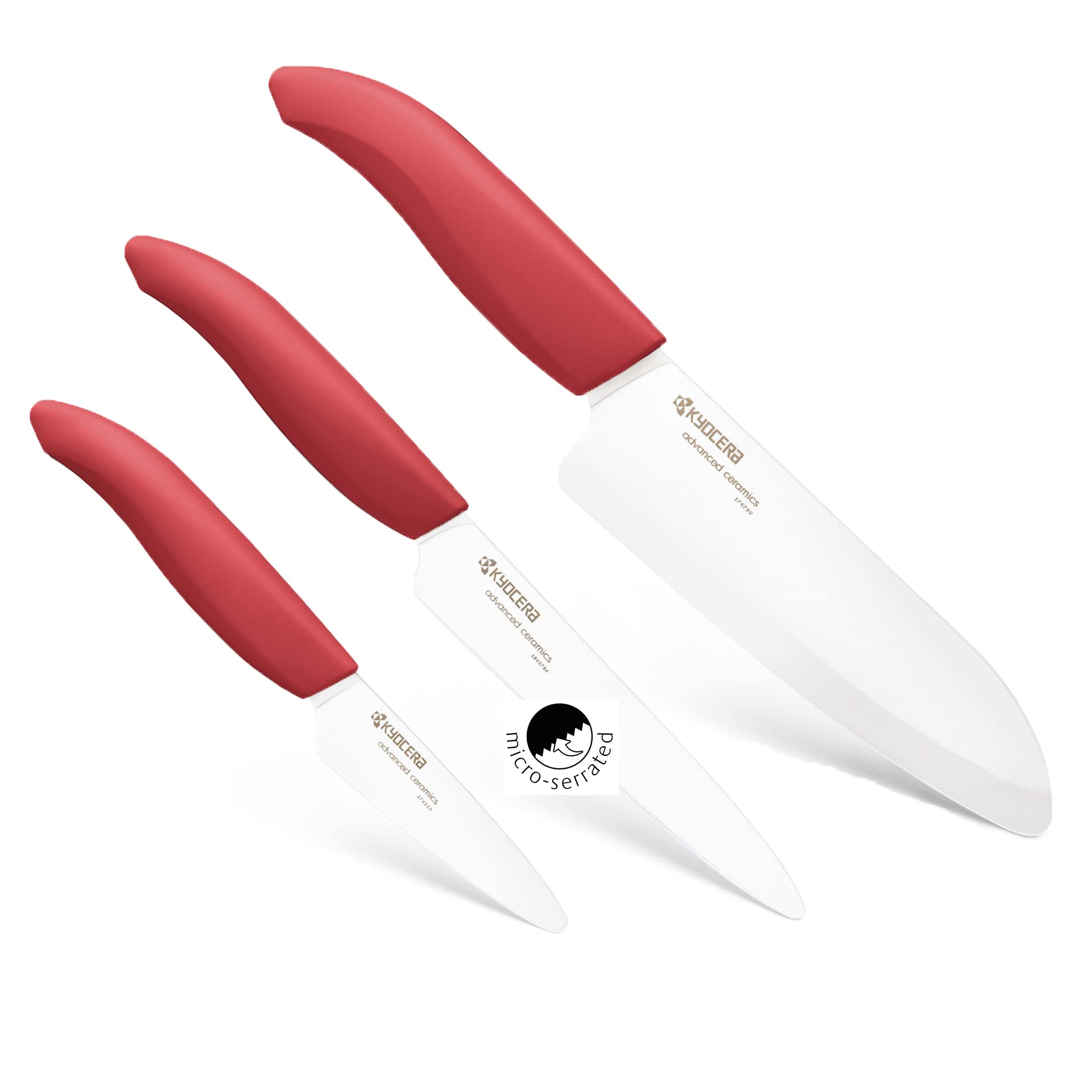 KYOCERA 3-piece ceramic knife set with red handles for versatile kitchen prep.