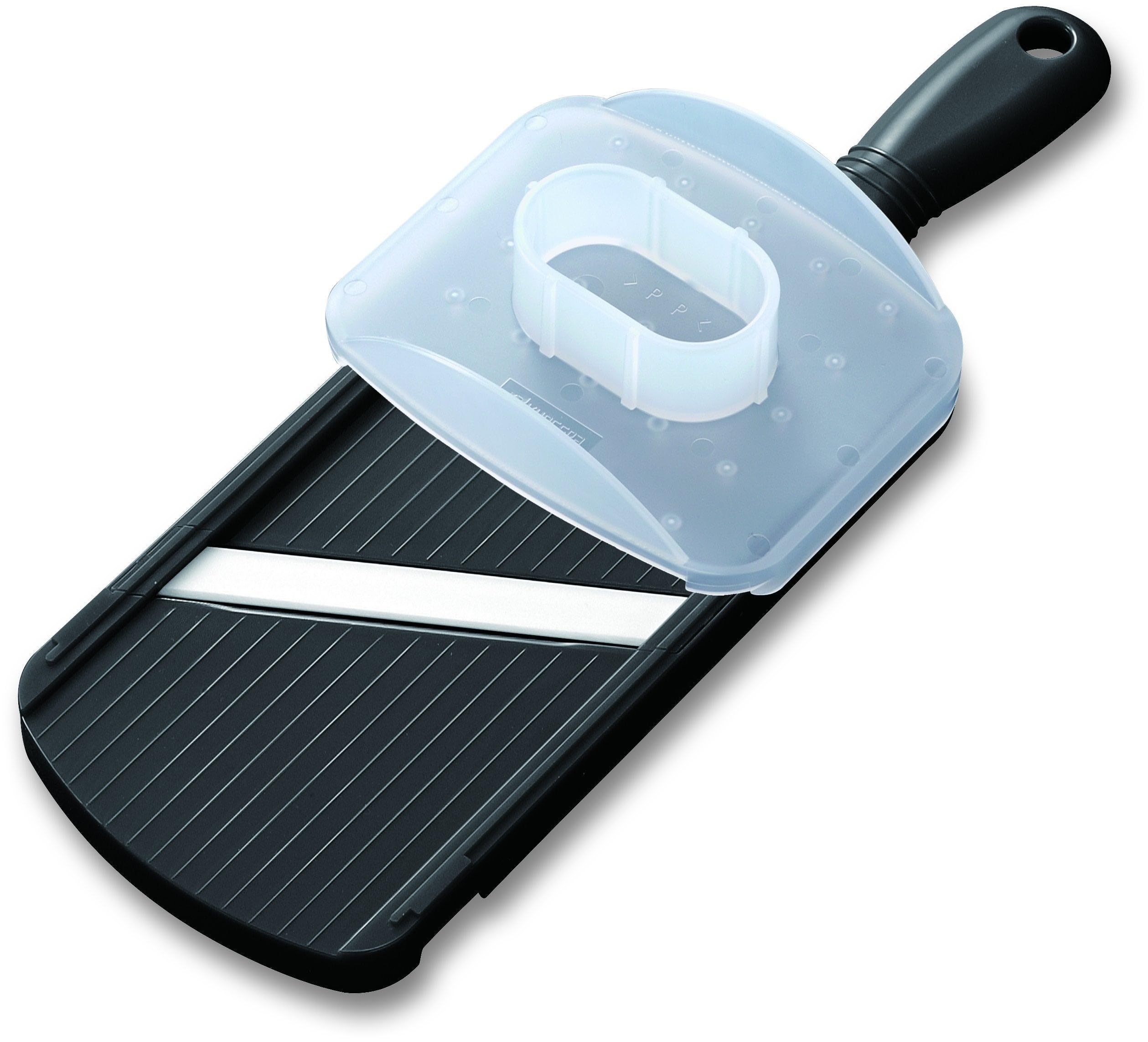 KYOCERA Advanced Ceramic Double-Edged Mandolin Slicer front view showing precision slices with guard