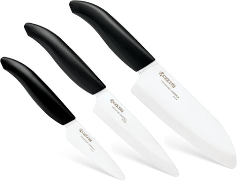 Kyocera FK-3PC BK 5.5-inch Santoku knife on board for precise daily slicing.