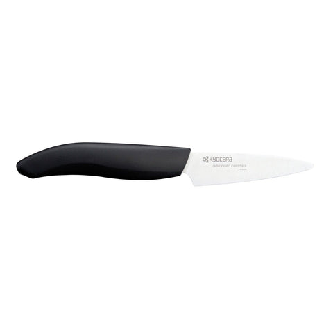 KYOCERA Revolution 3-inch paring knife with white blade for precise fruit prep and vegetable trimming.