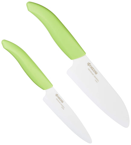 KYOCERA Revolution 5.5-inch Santoku knife with white blade and green handle for precision slicing