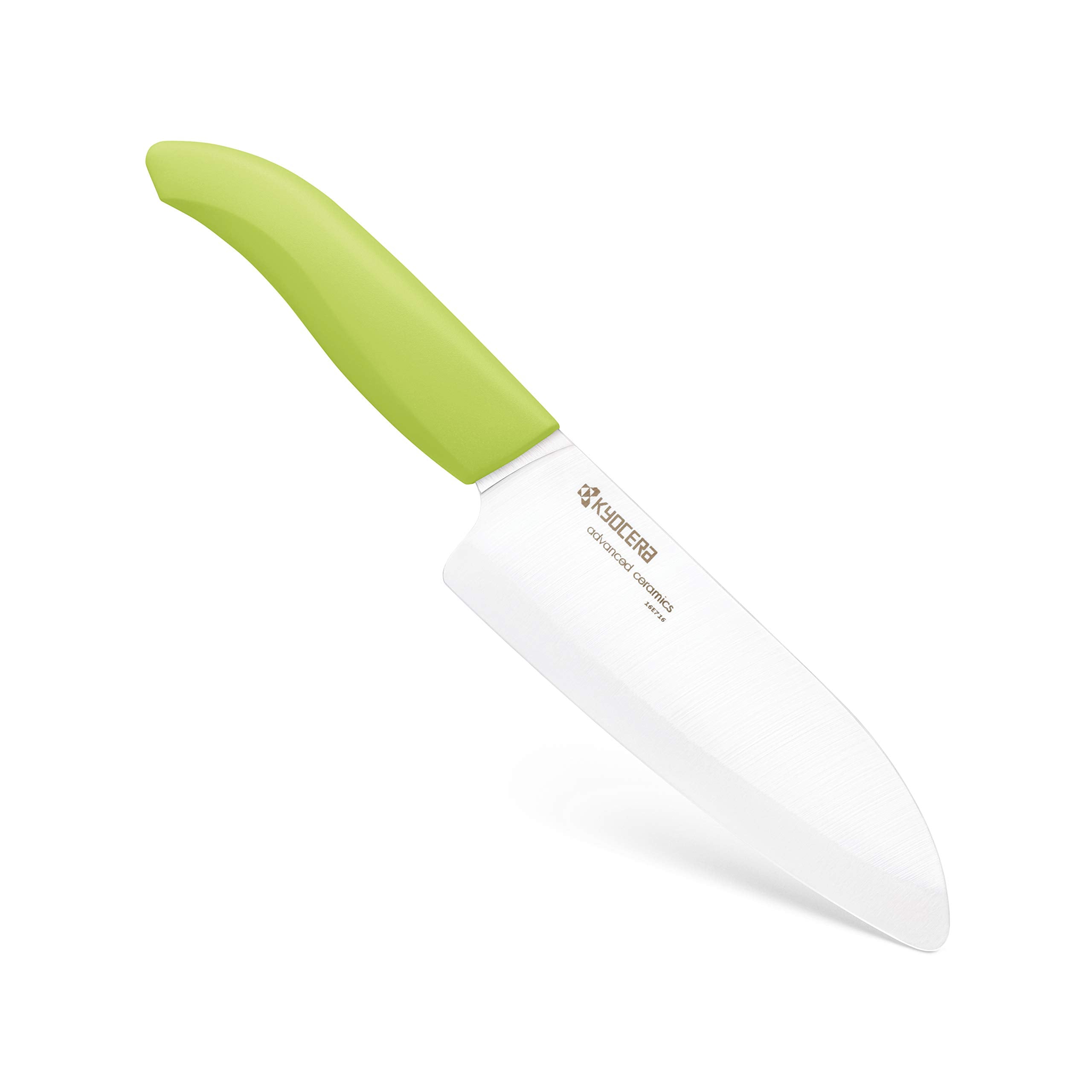 KYOCERA Revolution knife with green handle, ergonomic grip during kitchen prep