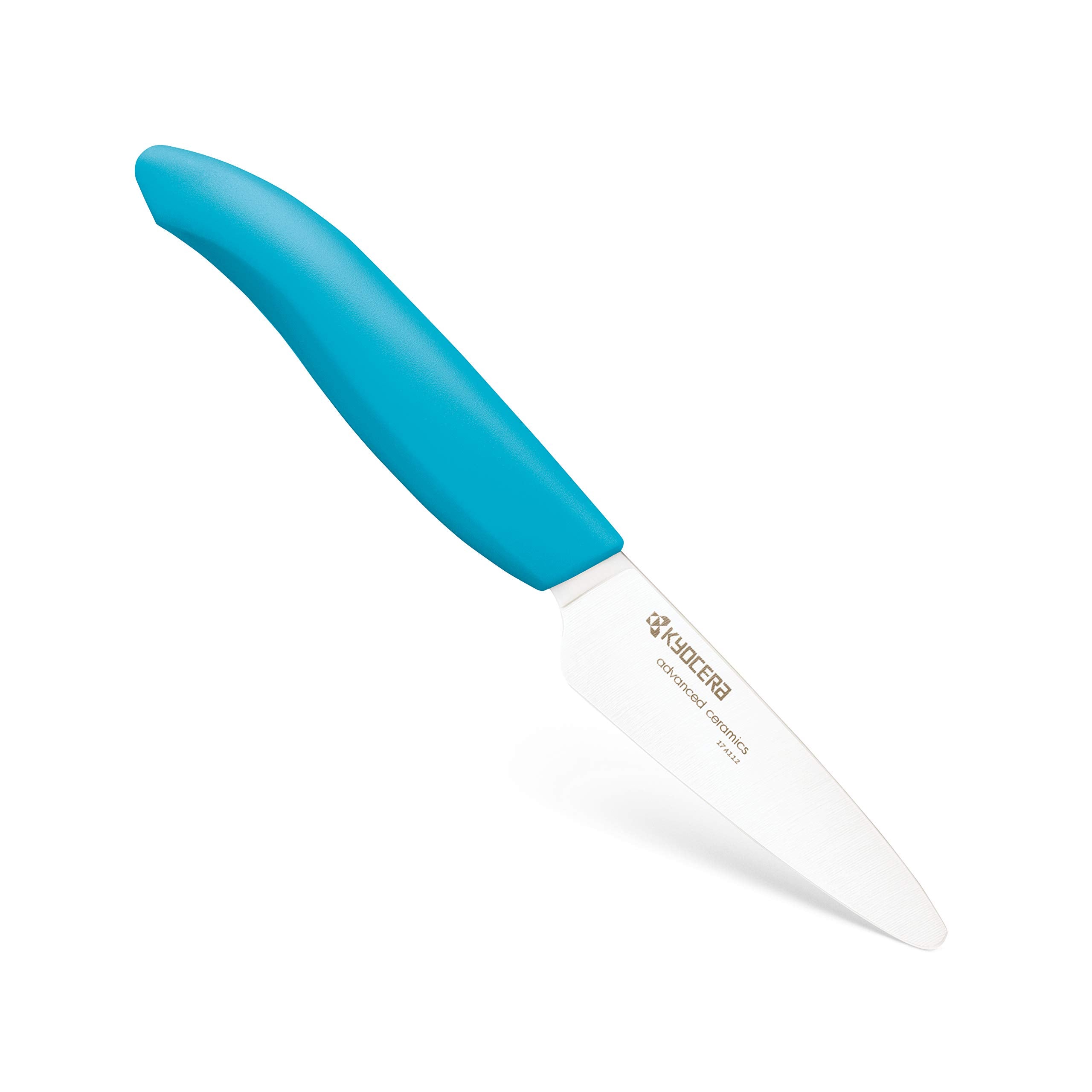 Kyocera Revolution Series 3 inch paring knife with blue handle and white blade for precise prep.
