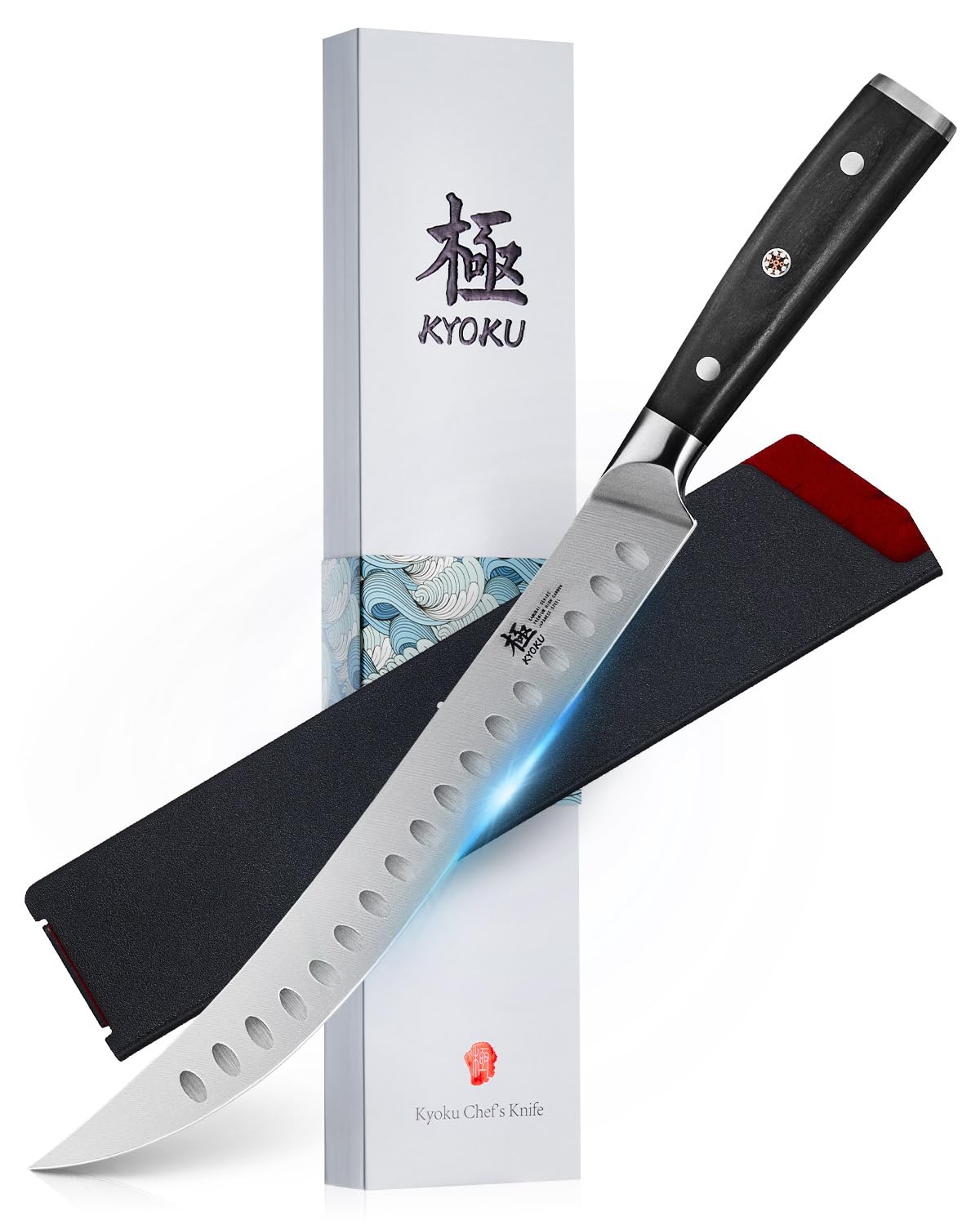 KYOKU 10" Scimitar Knife blade close-up highlighting a razor-sharp edge for precise roast slicing.