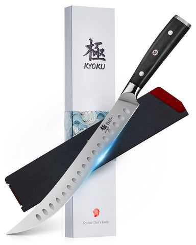 KYOKU 10" Scimitar Knife blade close-up highlighting a razor-sharp edge for precise roast slicing.