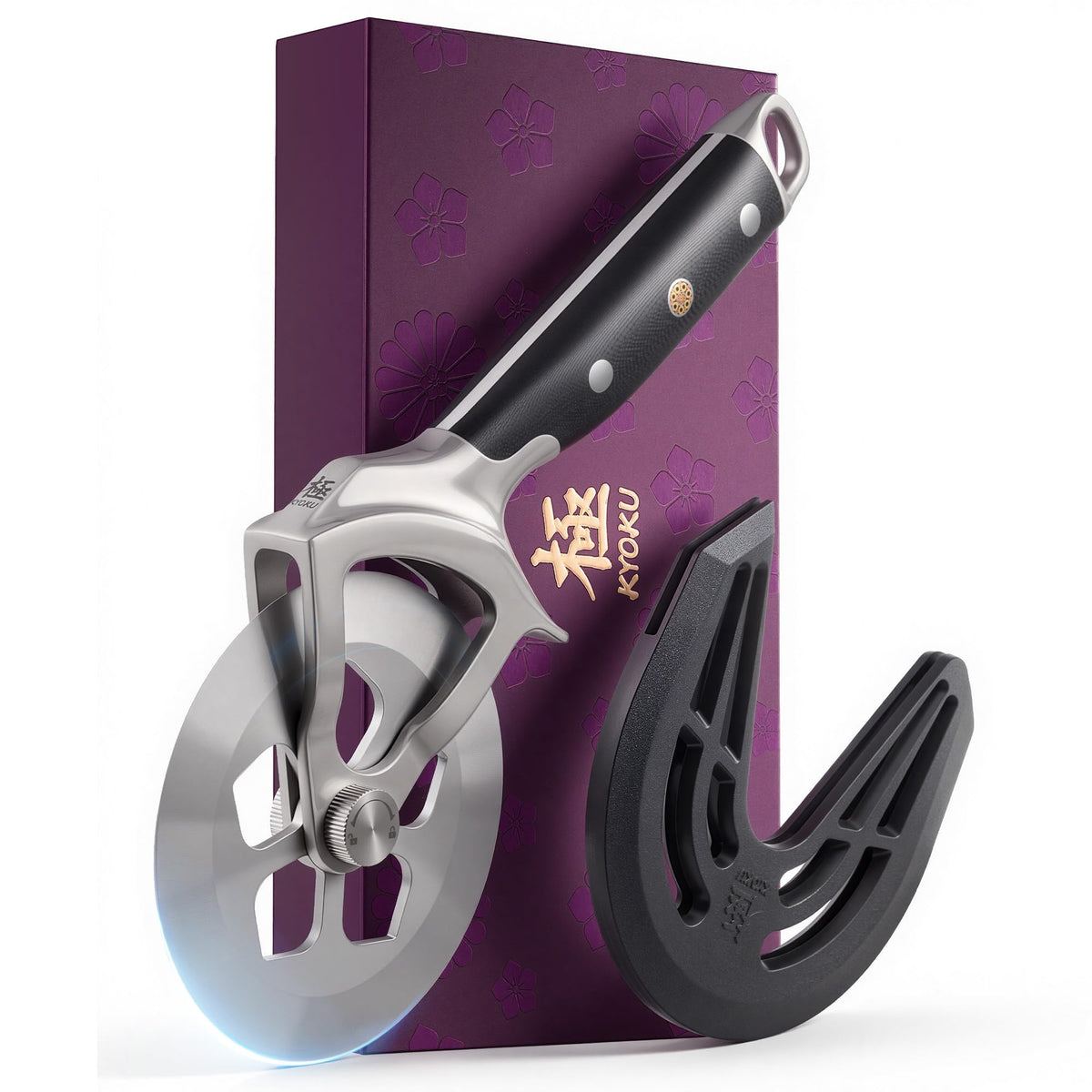 KYOKU 4 in pizza cutter with sakura cutout for precise topping preservation.