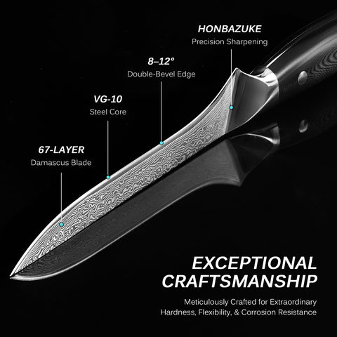 KYOKU Damascus pattern blade shows sharp edge and premium craftsmanship.