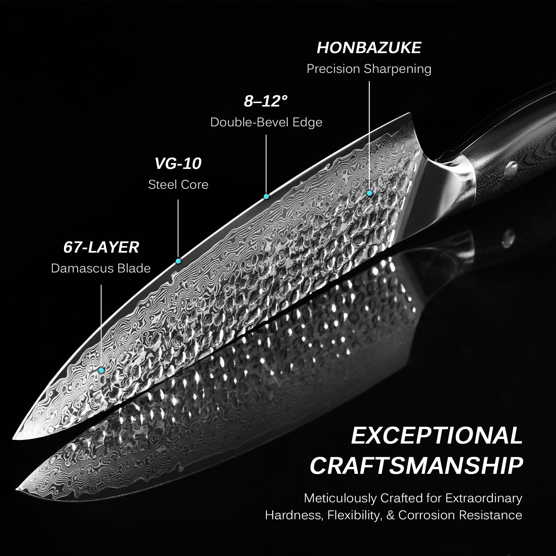 KYOKU Shogun-style hammered Damascus blade enhances grip and aesthetics during prep.